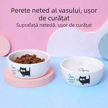 Vas ceramic pentru animale de companie, design cu pisicuță neagră desen animat, universal pentru pisici și câini, ușor de curățat, marca Elite.