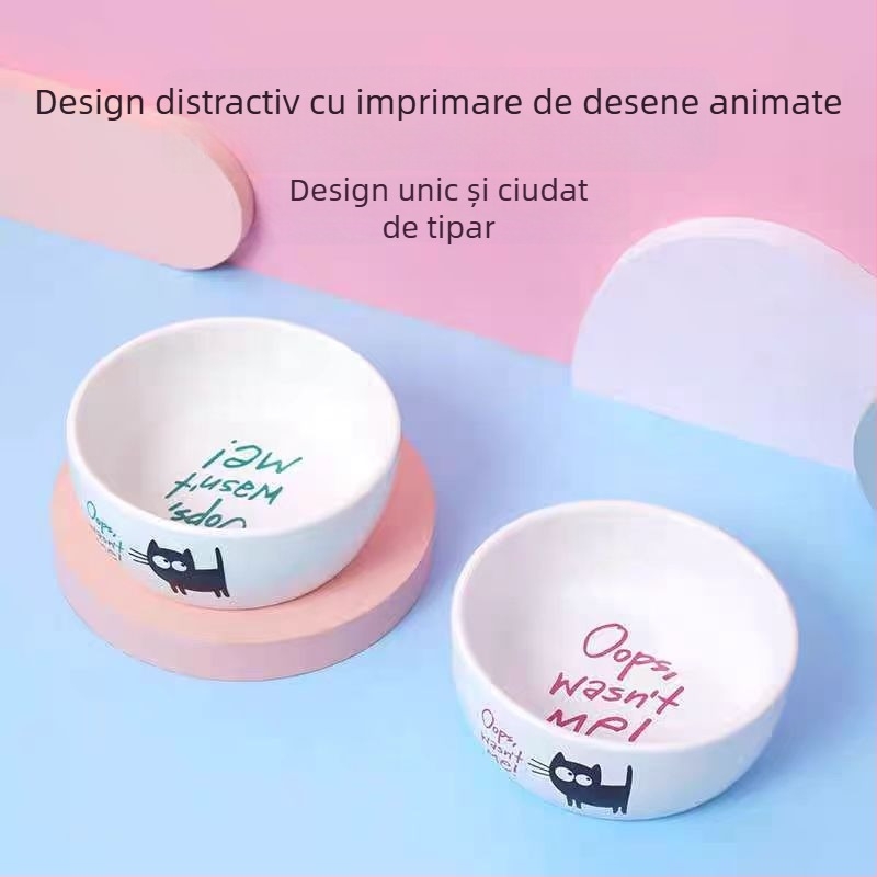 Vas ceramic pentru animale de companie, design cu pisicuță neagră desen animat, universal pentru pisici și câini, ușor de curățat, marca Elite.