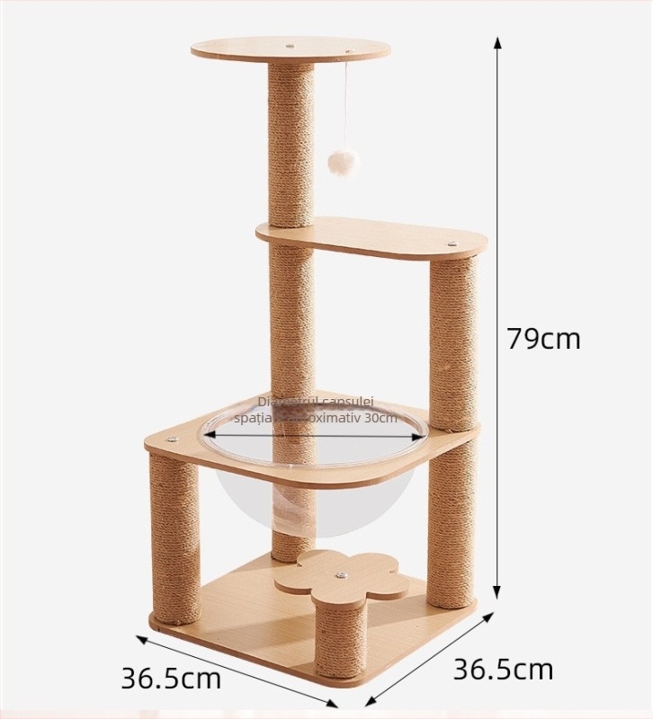 Scară de cățărare pentru pisici cu cuib în formă de capsulă spațială — din sisal, pentru interior, design compact
