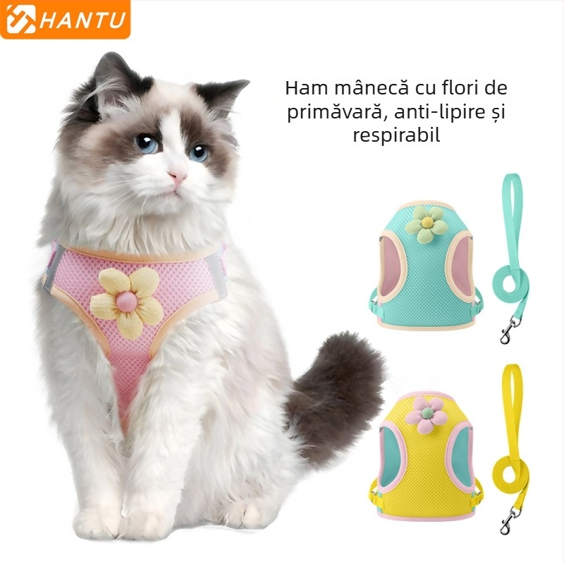 Ham de piept pentru pisici cu benzi reflectorizante - poliester, brand Hantu, pentru pisici