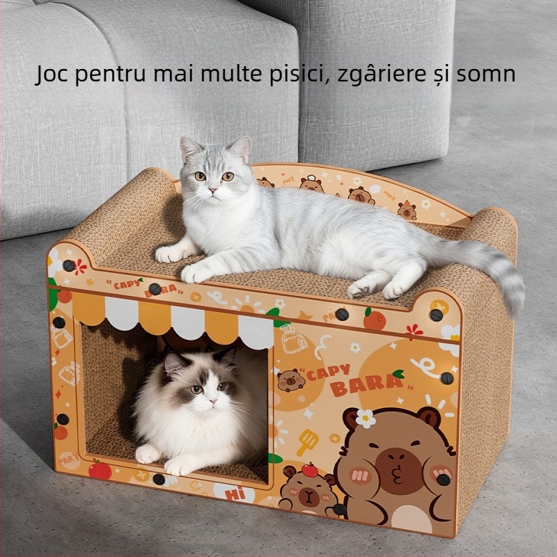 Cuib pentru pisici cu placă de zgâriere din carton ondulat, stil desen animat, 1 bucată