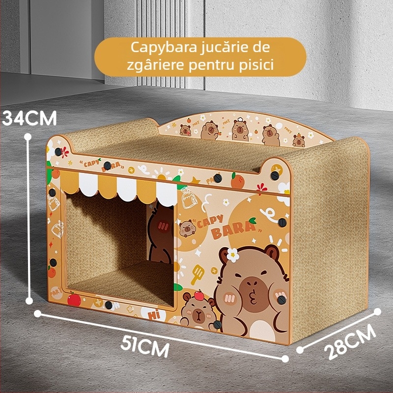 Cuib pentru pisici cu placă de zgâriere din carton ondulat, stil desen animat, 1 bucată