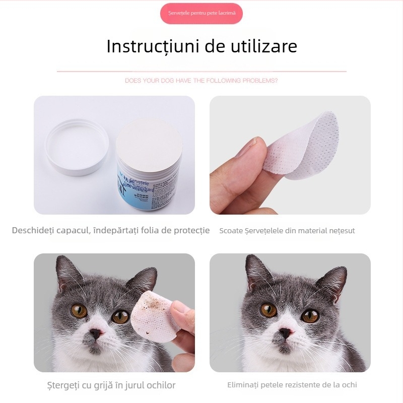 Șervețele umede pentru ochii animalelor de companie, pentru pisici și câini, elimină petele de lacrimi, material: hârtie