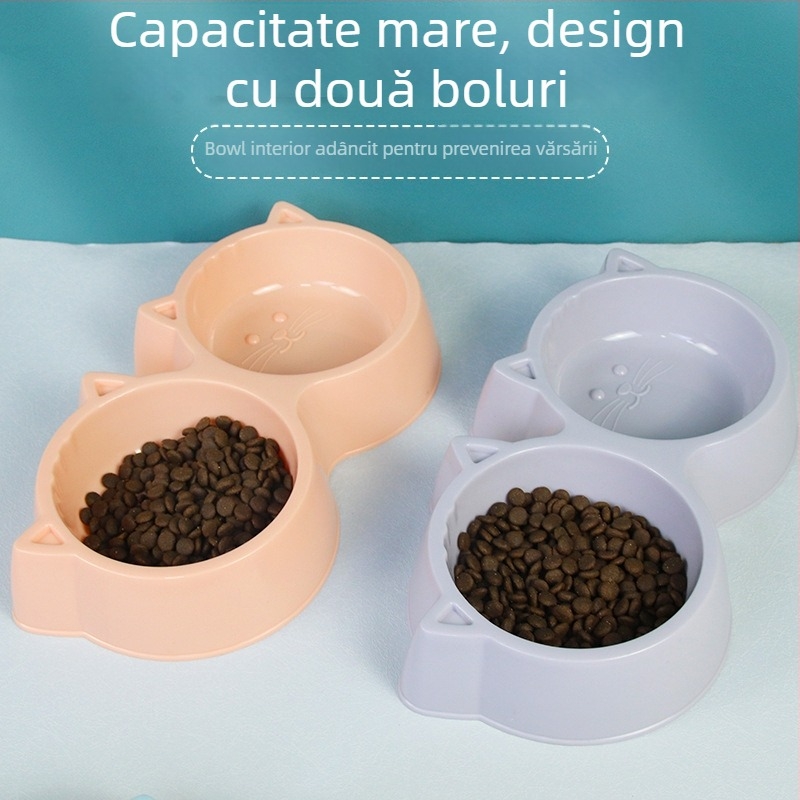 Bol dublu pentru pisici, pentru mâncare și apă, anti-răsturnare, din plastic, Yunce