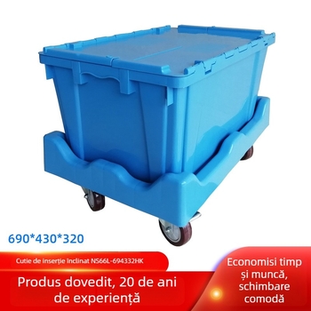 Cutie turnover pentru depozitare cu capac basculant, plastic PP, sarcină 30 kg, grosime perete 2,5 mm, dimensiuni interioare 640x390x300, poate fi stivuită până la 5 niveluri