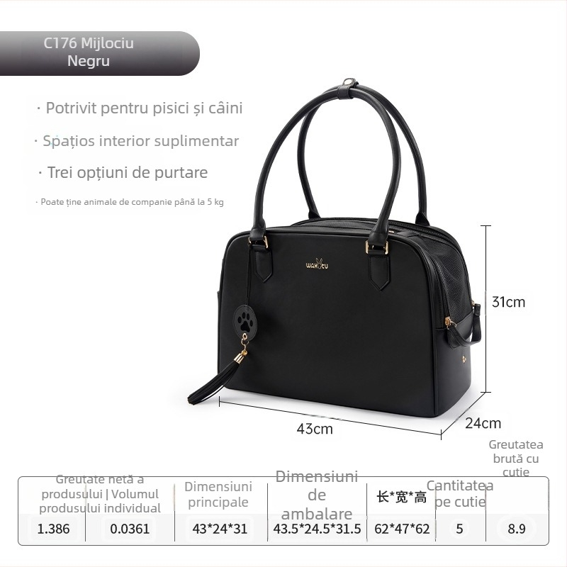 Geantă pentru animale de companie cu curea de umăr, portabilă și respirabilă; material microfibră, Wakytu, model monocrom