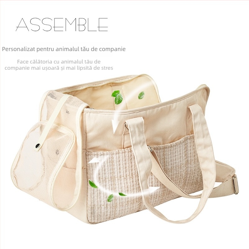 Geantă pentru animale de companie în stil coreean, din pânză, cu curea de umăr — pentru animale de interior, model solid, textură medie spre moale