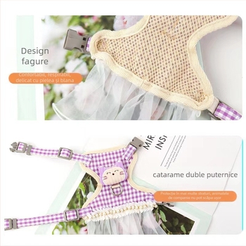 Set lesă și ham pentru pisică, material textil, extensibil, reglabil