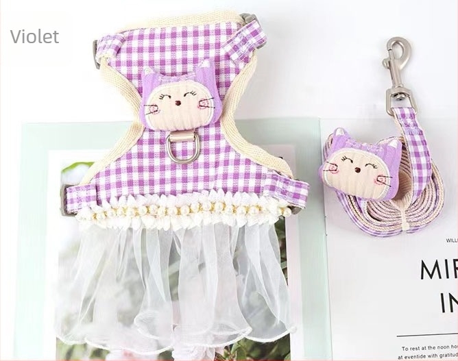 Set lesă și ham pentru pisică, material textil, extensibil, reglabil