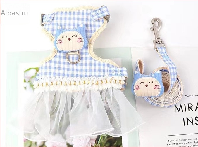 Set lesă și ham pentru pisică, material textil, extensibil, reglabil