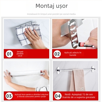 Suport pentru prosoape din oțel inoxidabil, montat pe perete, fără găuri, finisaj cromat, cu un singur braț, capacitate de încărcare 50 kg