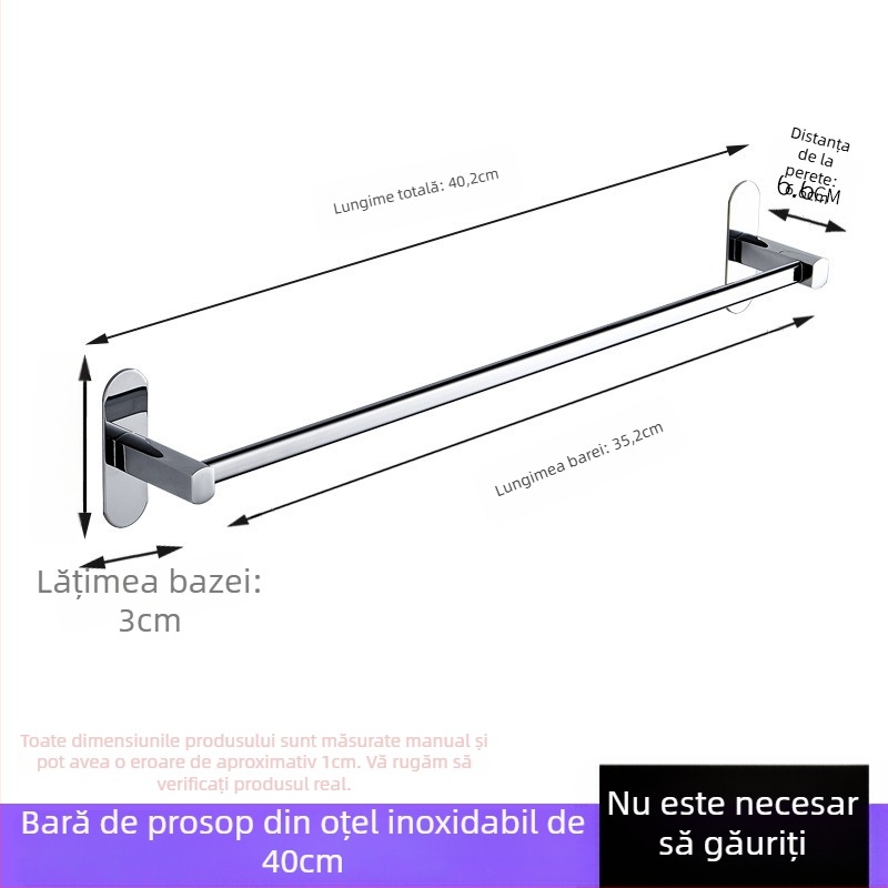 Suport pentru prosoape din oțel inoxidabil, montat pe perete, fără găuri, finisaj cromat, cu un singur braț, capacitate de încărcare 50 kg