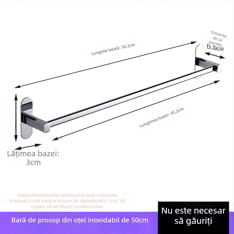 Suport pentru prosoape din oțel inoxidabil, montat pe perete, fără găuri, finisaj cromat, cu un singur braț, capacitate de încărcare 50 kg
