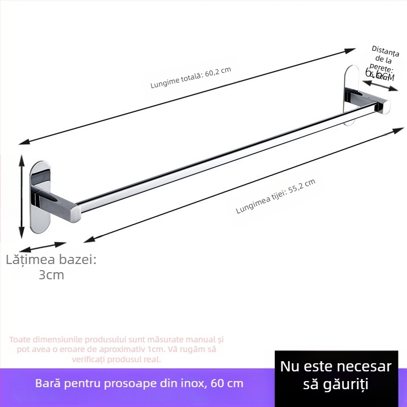 Suport pentru prosoape din oțel inoxidabil, montat pe perete, fără găuri, finisaj cromat, cu un singur braț, capacitate de încărcare 50 kg