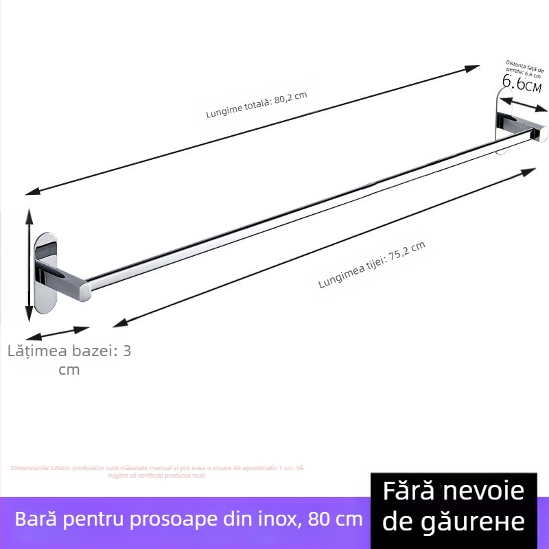 Suport pentru prosoape din oțel inoxidabil, montat pe perete, fără găuri, finisaj cromat, cu un singur braț, capacitate de încărcare 50 kg