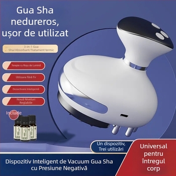 Masaj de casă 3-în-1 cu ventuze pentru vid, gua sha și terapie prin microcurent pentru meridian, model SL-M01 — alimentare USB, 4 trepte, 38–48°C, baterie de 1200 mAh