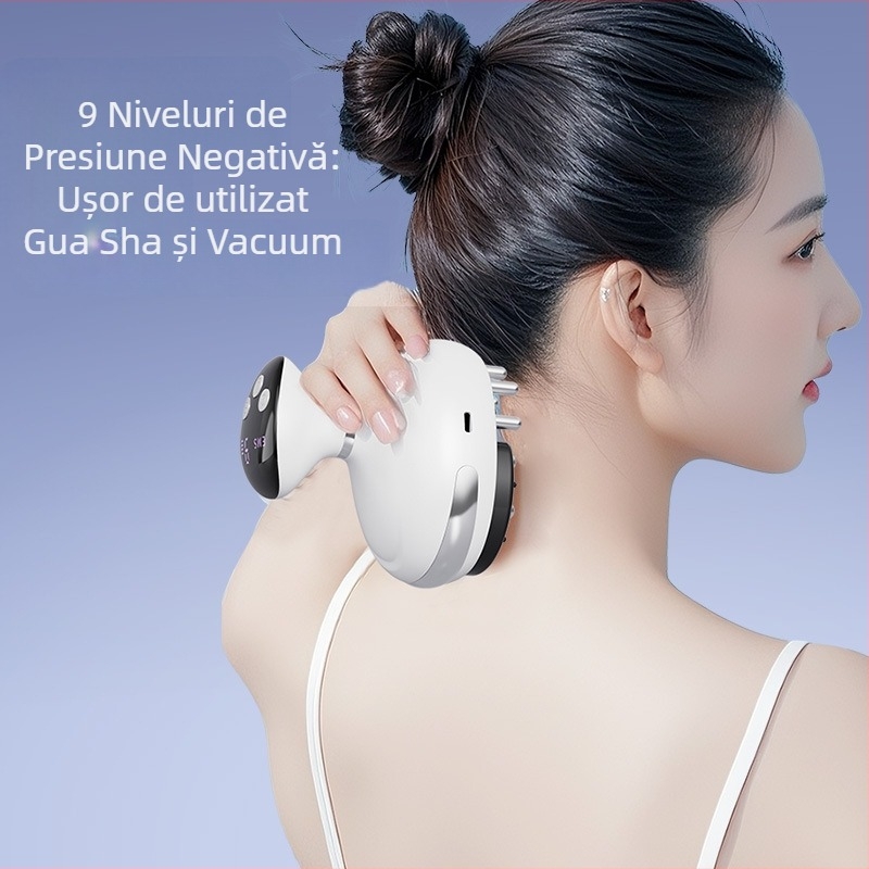 Masaj de casă 3-în-1 cu ventuze pentru vid, gua sha și terapie prin microcurent pentru meridian, model SL-M01 — alimentare USB, 4 trepte, 38–48°C, baterie de 1200 mAh