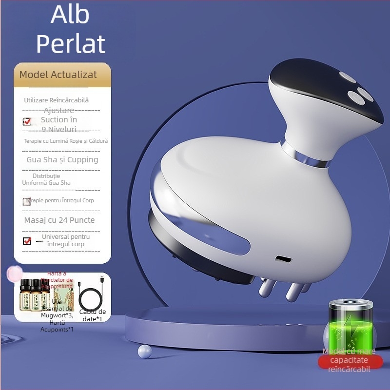 Masaj de casă 3-în-1 cu ventuze pentru vid, gua sha și terapie prin microcurent pentru meridian, model SL-M01 — alimentare USB, 4 trepte, 38–48°C, baterie de 1200 mAh