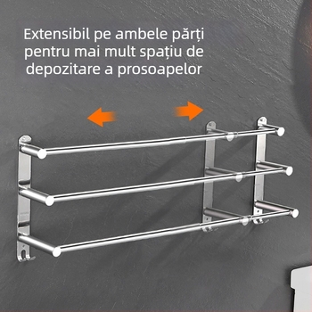 Suport de prosoape din oțel inoxidabil, montat pe perete, extensibil, cu trei niveluri, finisaj fin lustruit, încărcare 25 kg