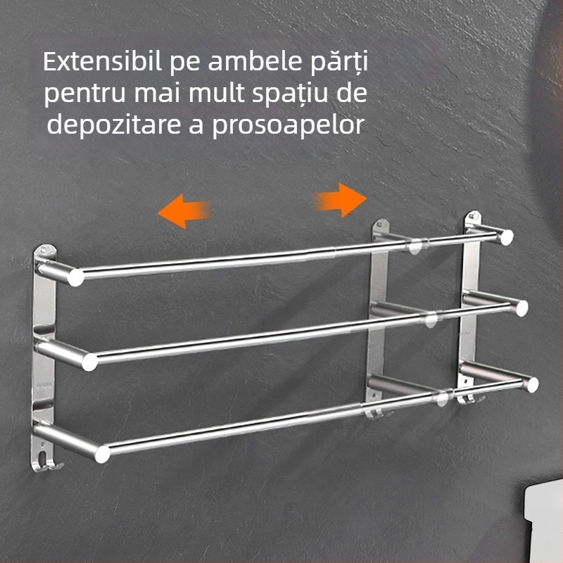 Suport de prosoape din oțel inoxidabil, montat pe perete, extensibil, cu trei niveluri, finisaj fin lustruit, încărcare 25 kg