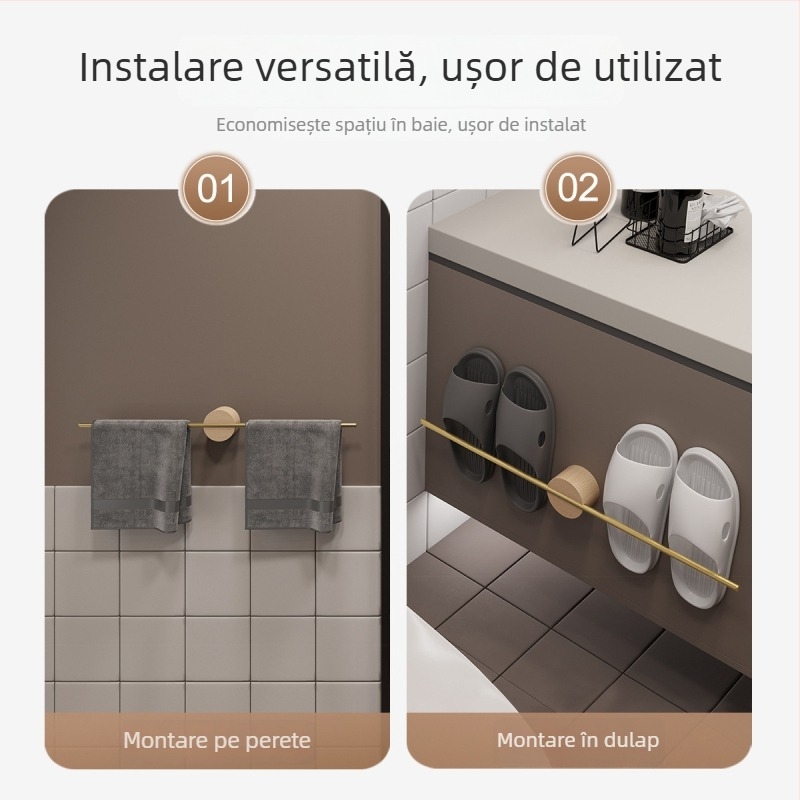 Bară de prosoape din lemn – fără găuri, cu singură tijă, lemn masiv, capacitate de încărcare 5 kg