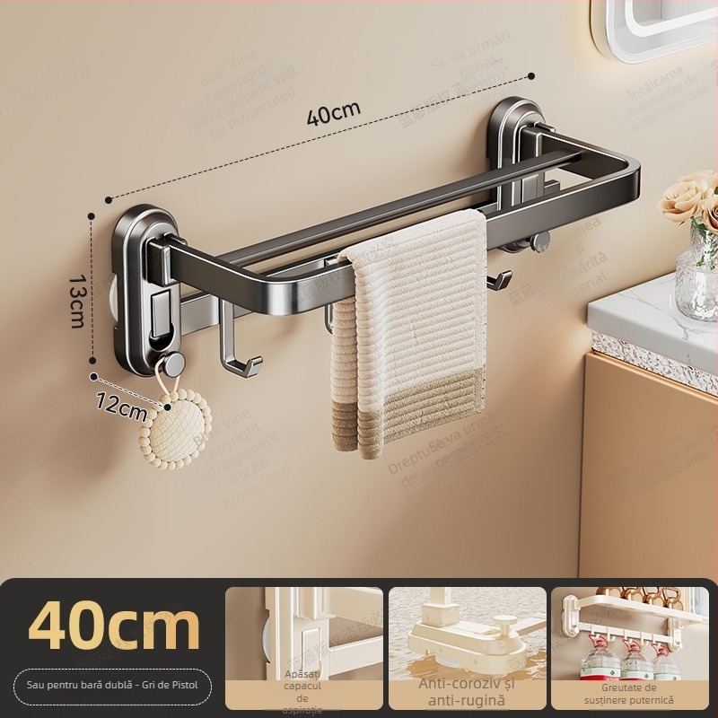 Suport de prosoape cu ventuză, montat pe perete pentru baie, ABS + oțel de carbon, încărcare 10 kg, bară unică, stil lux ușor