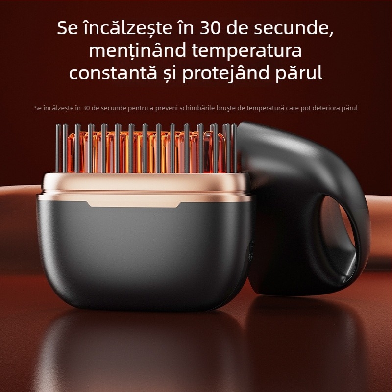 Pieptene fără fir pentru îndreptarea și ondularea părului, cu acoperire titan-turmalin, 3 setări de temperatură, 25W, baterie Li-ion 3,7V