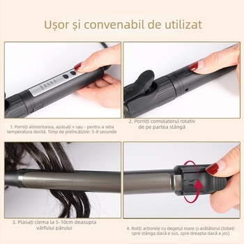 Ondulator de păr rotativ, pentru uz profesional în studio, tambur cu acoperire din titan, reglaj temperatură 30 trepte, 220V 45W, alimentare prin cablu