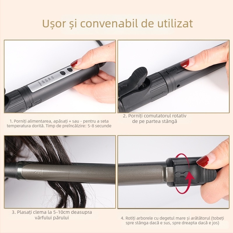 Ondulator de păr rotativ, pentru uz profesional în studio, tambur cu acoperire din titan, reglaj temperatură 30 trepte, 220V 45W, alimentare prin cablu