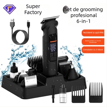 Set 6-în-1 de tuns păr electric, cu rasă și trimmer pentru nas; motor cu perii; lame din oțel inox; baterie încorporată 800–1000 mAh; autonomie 1–3 h; cap de tăiere detașabil și lavabil