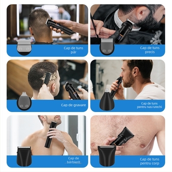 Set 6-în-1 de tuns păr electric, cu rasă și trimmer pentru nas; motor cu perii; lame din oțel inox; baterie încorporată 800–1000 mAh; autonomie 1–3 h; cap de tăiere detașabil și lavabil