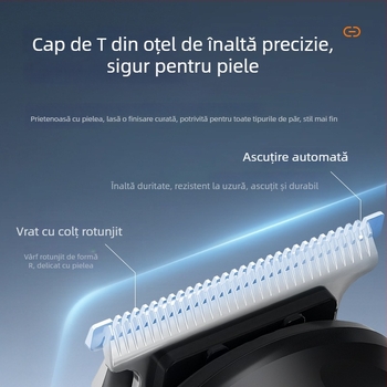 Set 6-în-1 de tuns păr electric, cu rasă și trimmer pentru nas; motor cu perii; lame din oțel inox; baterie încorporată 800–1000 mAh; autonomie 1–3 h; cap de tăiere detașabil și lavabil