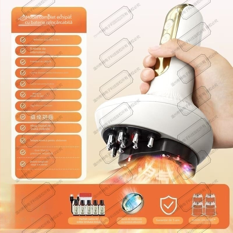 Dispozitiv electric de cupping și scraping All-in-One, Modelul G16, Reîncărcabil, control temperatură 45–55°C, baterie 1200mAh, carcasă ABS