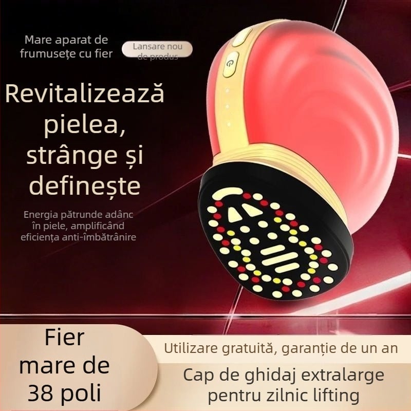 Dispozitiv facial cu microcurent, 38 electrozi, pentru ridicare, fermitate, rejuvenare, conturare și iluminare colorată — fața întreagă, portabil, baterie încorporată de 800–1000 mAh, IPX1