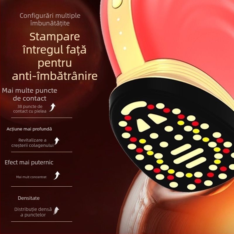 Dispozitiv facial cu microcurent, 38 electrozi, pentru ridicare, fermitate, rejuvenare, conturare și iluminare colorată — fața întreagă, portabil, baterie încorporată de 800–1000 mAh, IPX1