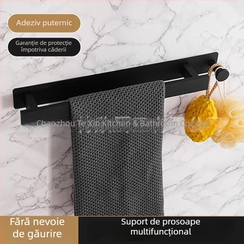 Bară pentru prosoape din oțel inoxidabil, montaj pe perete fără găuri, cu o singură tijă pentru baie