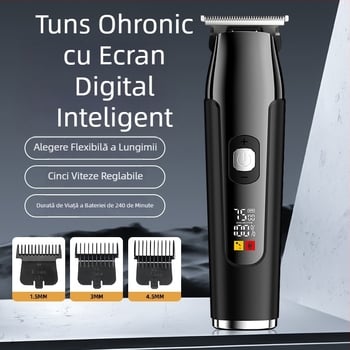 Mașină de tuns păr electrică, 5 viteze, baterie încorporată 1200–2000 mAh, lamă din oțel inoxidabil, detașabilă și lavabilă, afișaj digital