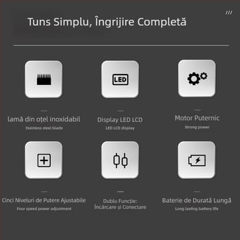 Mașină de tuns păr electrică, 5 viteze, baterie încorporată 1200–2000 mAh, lamă din oțel inoxidabil, detașabilă și lavabilă, afișaj digital