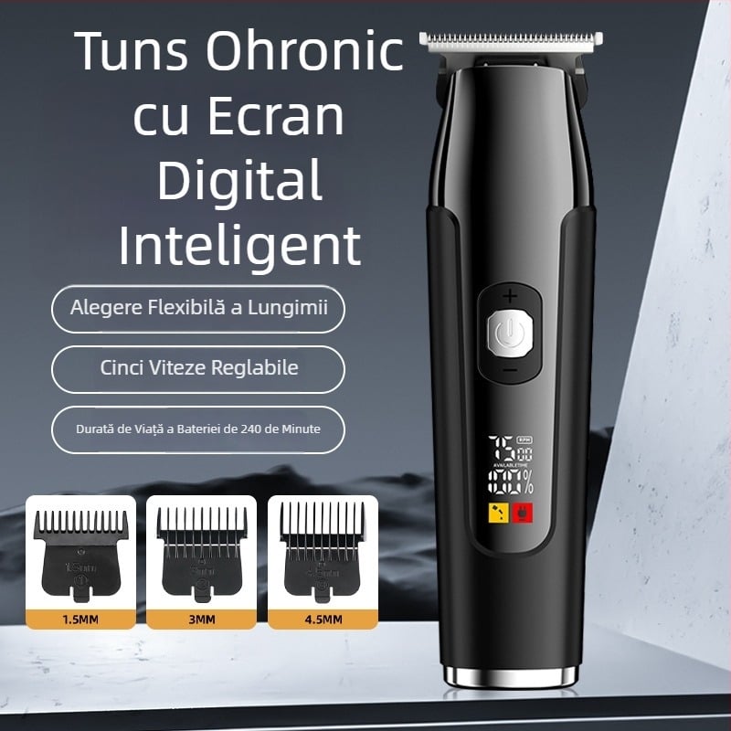 Mașină de tuns păr electrică, 5 viteze, baterie încorporată 1200–2000 mAh, lamă din oțel inoxidabil, detașabilă și lavabilă, afișaj digital