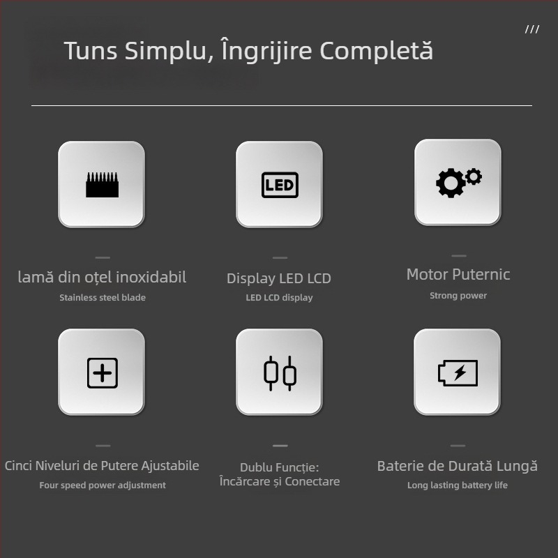 Mașină de tuns păr electrică, 5 viteze, baterie încorporată 1200–2000 mAh, lamă din oțel inoxidabil, detașabilă și lavabilă, afișaj digital
