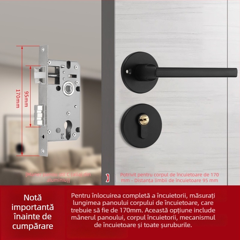 Încuietoare cu mâner pentru uși din lemn, corp din aluminiu aerospațial, design modern minimalist