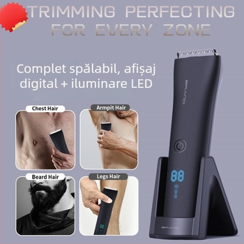 Trimer pentru corp masculin, impermeabil, baterie încorporată 500–800 mAh, încărcare, cap ceramic de tăiere, autonomie 1–3 ore