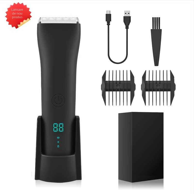 Trimer pentru corp masculin, impermeabil, baterie încorporată 500–800 mAh, încărcare, cap ceramic de tăiere, autonomie 1–3 ore