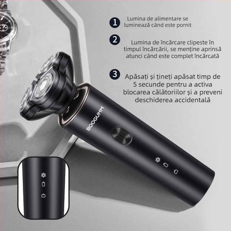 Aparat de ras electric cu sistem cu trei capete, cap de tăiere plutitor, baterie încorporată, autonomie peste 60 de minute, design complet spălabil