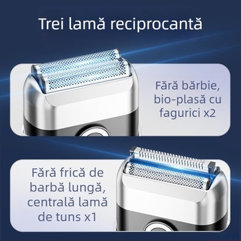Aparat de ras electric mini cu mișcare reciprocă, încărcare rapidă, portabil, pentru montaj în mașină, pentru bărbați, uz casnic (Cap de tăiere cu 3 lame; Cap detașabil și lavabil; autonomie peste 60 de minute; Reîncărcabil; Motor cu peri)