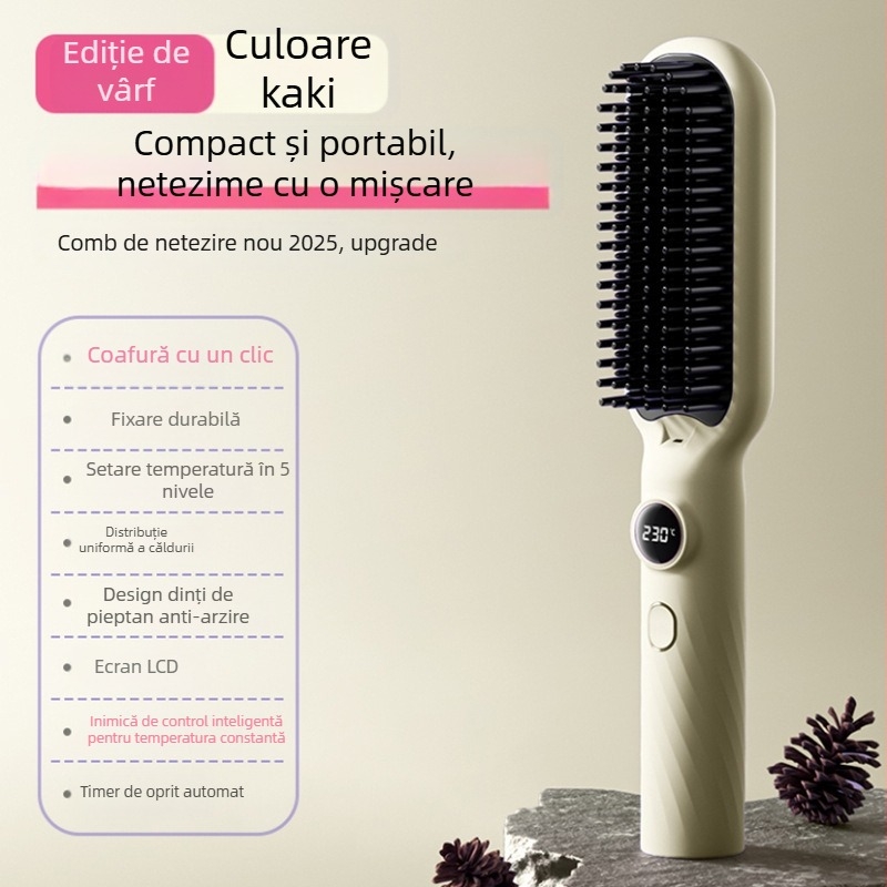 Pieptene pentru îndreptarea părului cu încălzire din turmalin ceramic, afișaj digital, control temperatura în 5 trepte, 40W, 220V