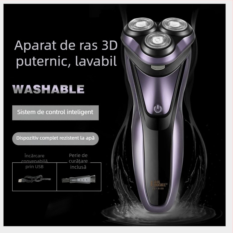 Aparat de ras electric cu cap rotativ de 3 lame, cap plutitor, motor fără perii, baterie încorporată, autonomie 45–60 de minute (Cap rotativ de 3 lame, cap plutitor, motor fără perii, baterie încorporată, autonomie 45–60 de minute)
