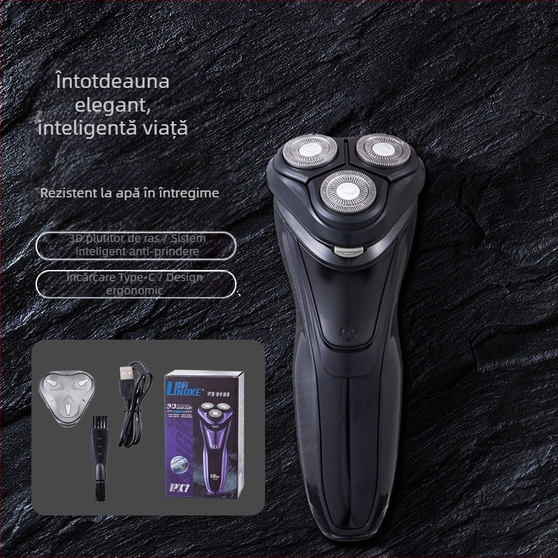 Aparat de ras electric cu cap rotativ de 3 lame, cap plutitor, motor fără perii, baterie încorporată, autonomie 45–60 de minute (Cap rotativ de 3 lame, cap plutitor, motor fără perii, baterie încorporată, autonomie 45–60 de minute)
