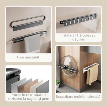 Suport pentru prosoape de perete, pliat, fără găuri, din aluminiu Space, sarcină 10 kg