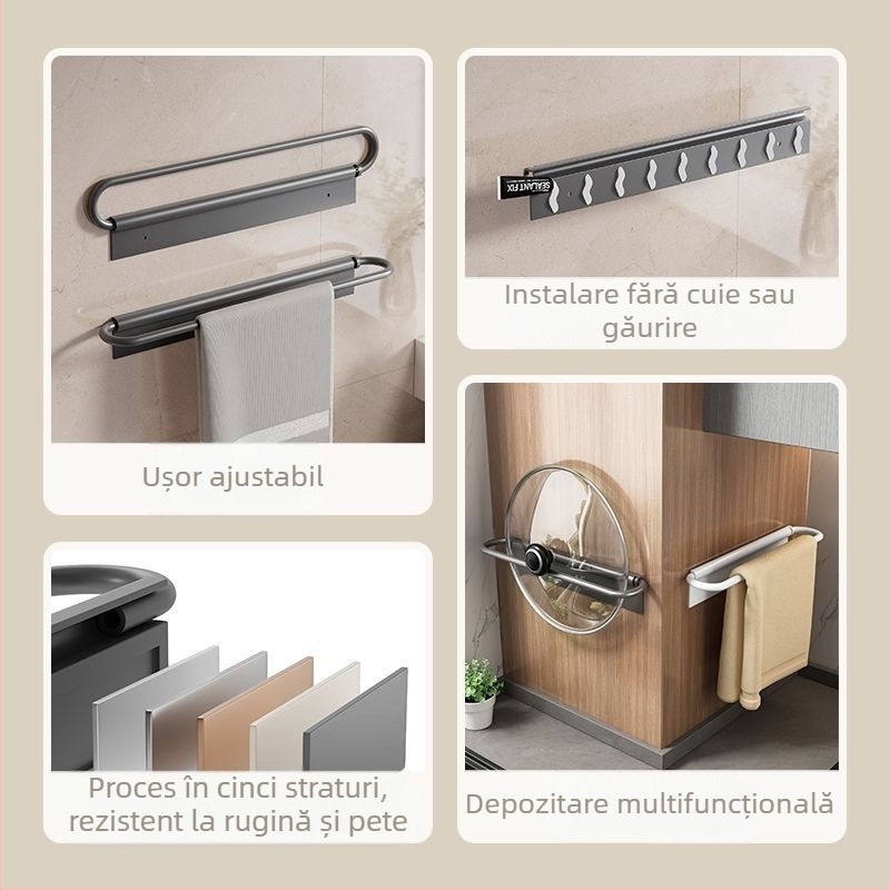 Suport pentru prosoape de perete, pliat, fără găuri, din aluminiu Space, sarcină 10 kg